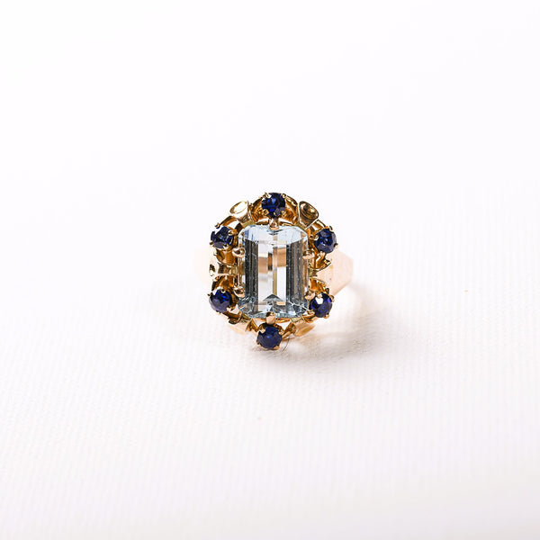 La Marquise de B-Bague Cocktail Aigue-marine et saphirs en or rose-vue de face