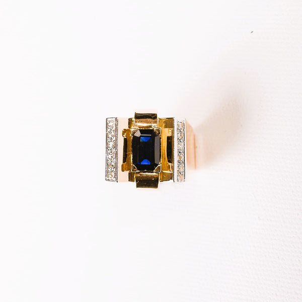 La Marquise de B-Bague Tank Art Déco saphir et diamants en or deux tons-vue aérienne