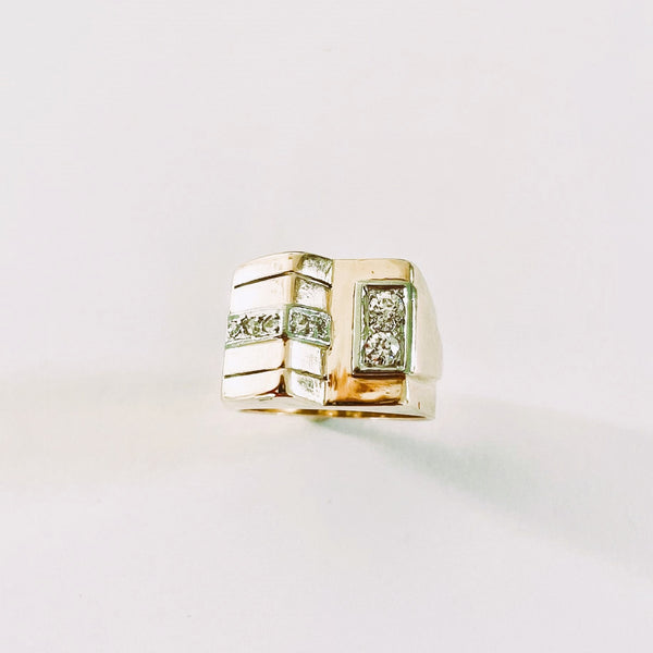 La Marquise de B-Bague Tank chevalière diamants en or jaune et platine-zoom bague de face