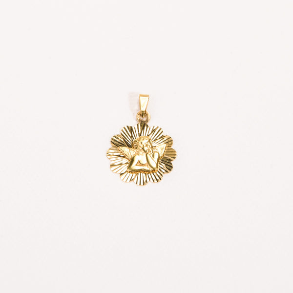 La Marquise de B-Médaille de baptême ange Raphaël à fond rayonnant en or jaune-vue de face à plat